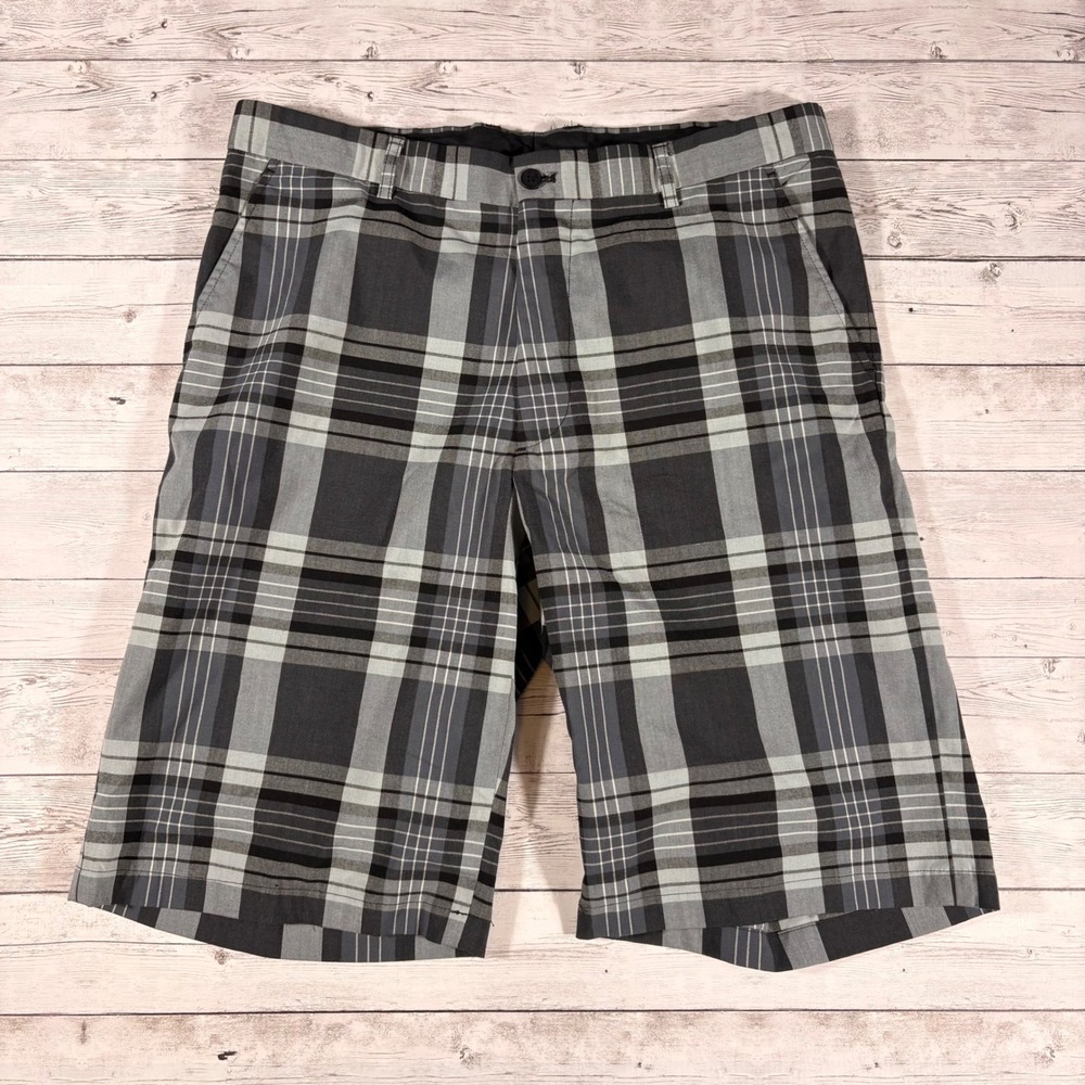 Sligo Mens Golf Shorts Size 34 Grey Black Plaid Flat Front Performance Active